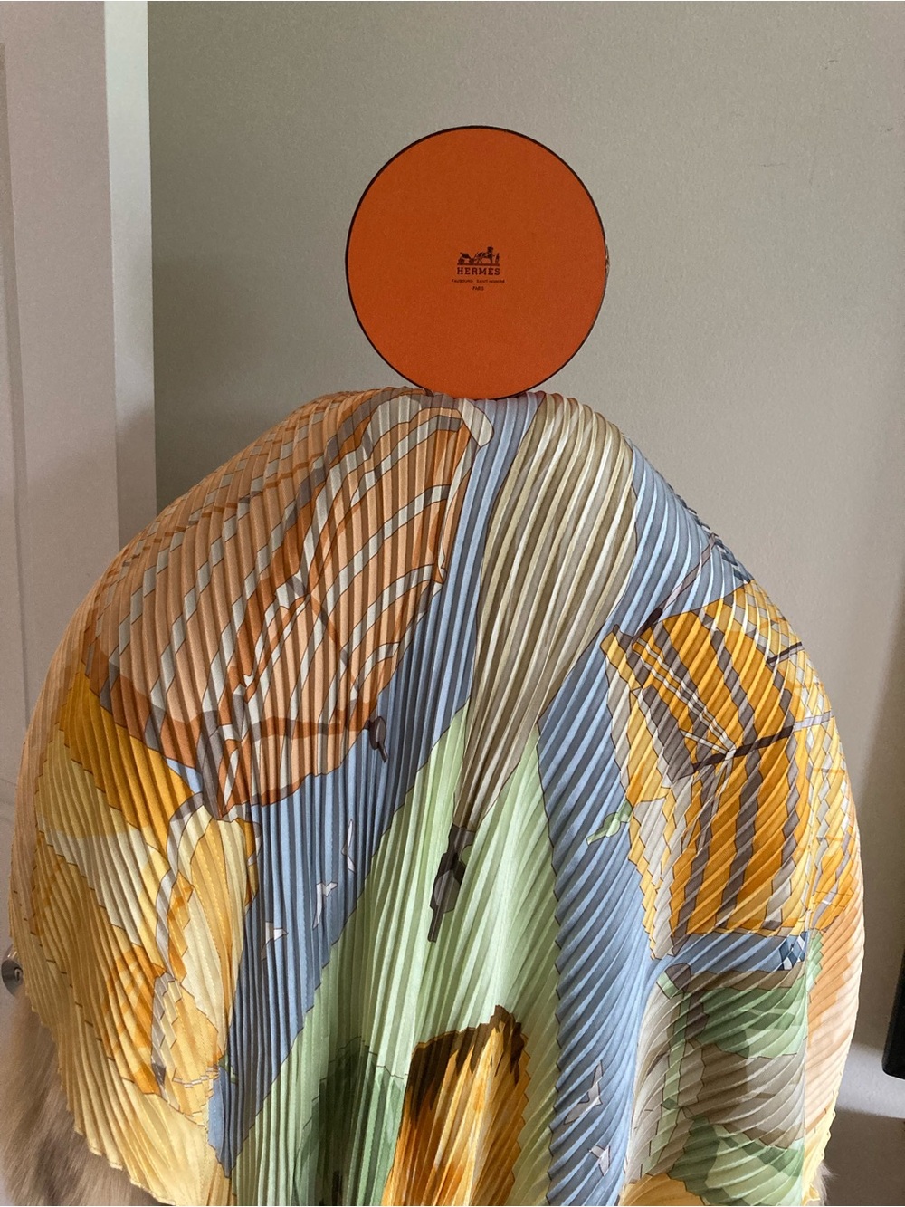 Hermes Pleated Silk Wrap in Orange, Yellow, Blue, Green